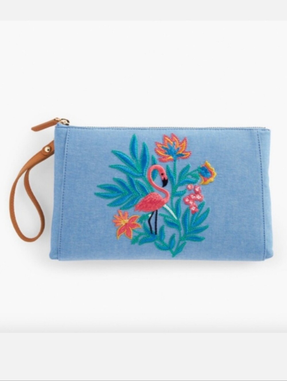 TALBOTS Blue Flamingo Embroidered Wristlet Clutch, 100% Cotton, Leather Strap